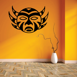 Tribal sun mask decal with stylized face, black and orange tribal design