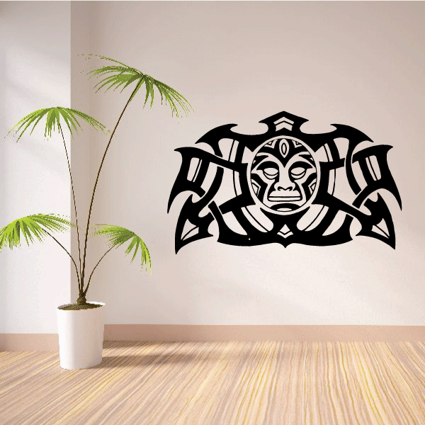 Black tribal turtle and moon wall decal with intricate geometric lines