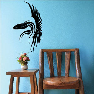 Tribal bird head vinyl decal in black with pinstripe feathered lines.