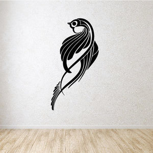 Tribal pinstripe vinyl decal of a stylized bird with swirling feather details
