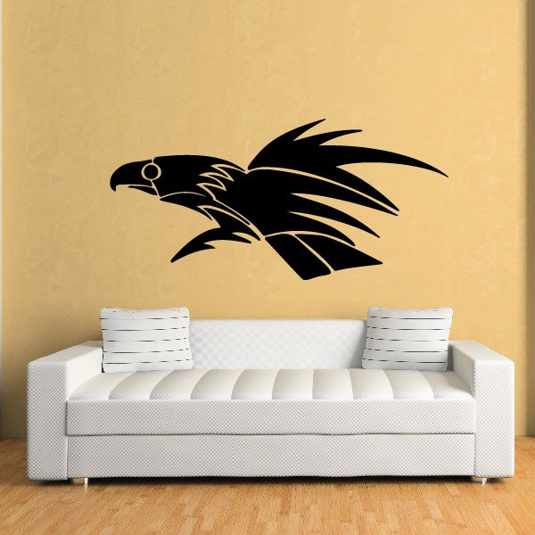 Tribal vehicle pinstripe vinyl decal, black birdlike graphic silhouette on wall