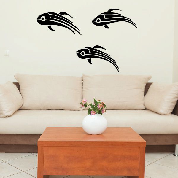 Vehicle pinstripe wall decal with three black tribal car icons