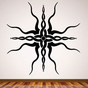 Tribal wall pinstripe decal with black tribal swirl cross and flame-like tips