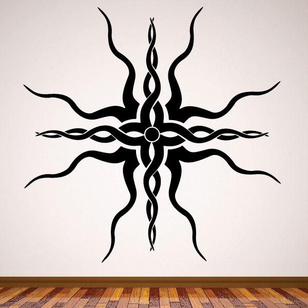 Tribal wall pinstripe decal with black tribal swirl cross and flame-like tips