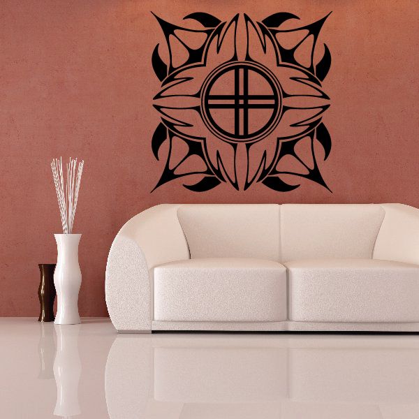 Tribal wall decal with circular compass design, black vinyl