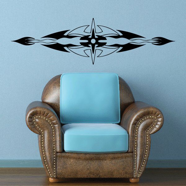 Tribal pinstripe wall decal featuring a black tribal compass-and-wings style emblem