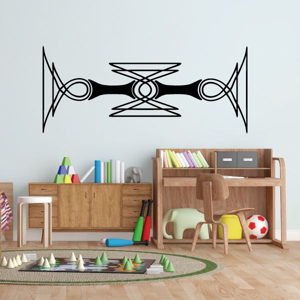 Black tribal vehicle pinstripe wall decal with central emblem and corner flourishes