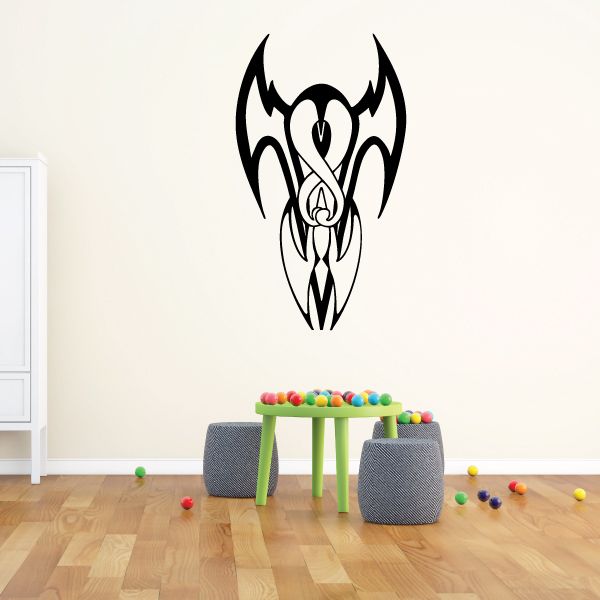 Black tribal vehicle pinstripe wall decal with stylized horned skull graphic