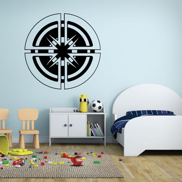Tribal wheel pinstripe wall decal with cross spoke design