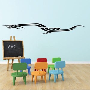 Tribal pinstripe wall decal with a black swoosh flame design