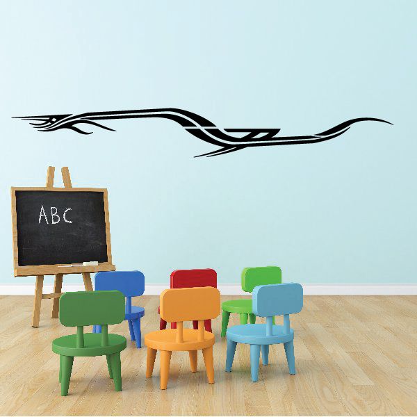 Tribal pinstripe wall decal with a black swoosh flame design