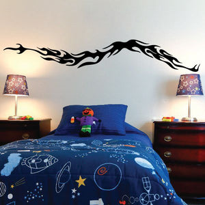 Tribal pinstripe wall decal in black vinyl, flame-style sweeping stripe