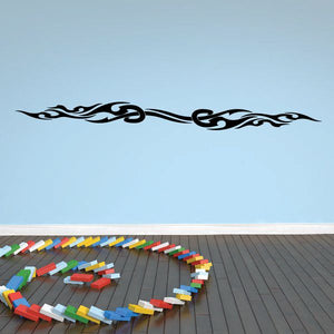 Black tribal pinstripe vehicle wall decal, curving scroll design on vinyl