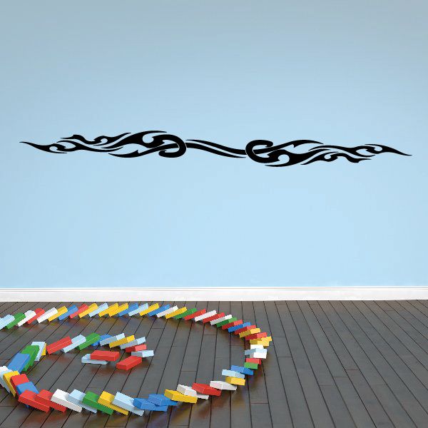 Black tribal pinstripe vehicle wall decal, curving scroll design on vinyl