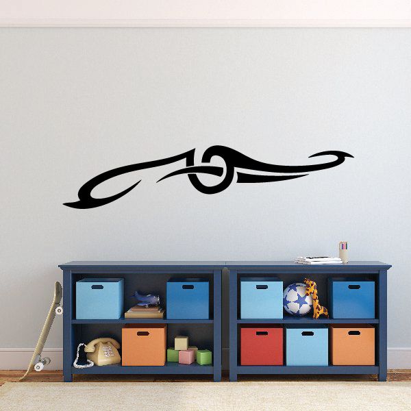 Black tribal vehicle pinstripe wall decal with flowing double-line design and center loop