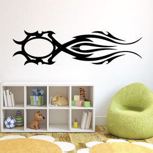 Black tribal pinstripe vehicle wall decal with circular emblem and flame swirl design