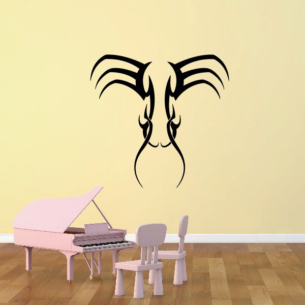 Tribal black horned emblem wall decal with flame-like pinstripes