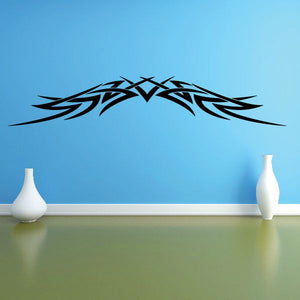 Tribal pinstripe wall decal with black stylized angular lines and swooshes