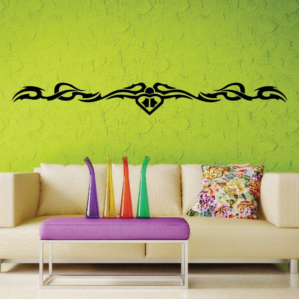 Tribal pinstripe wall decal with black swirl design and central diamond motif