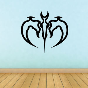 Tribal wall decal with black flame emblem and curved wing-like pinstripes