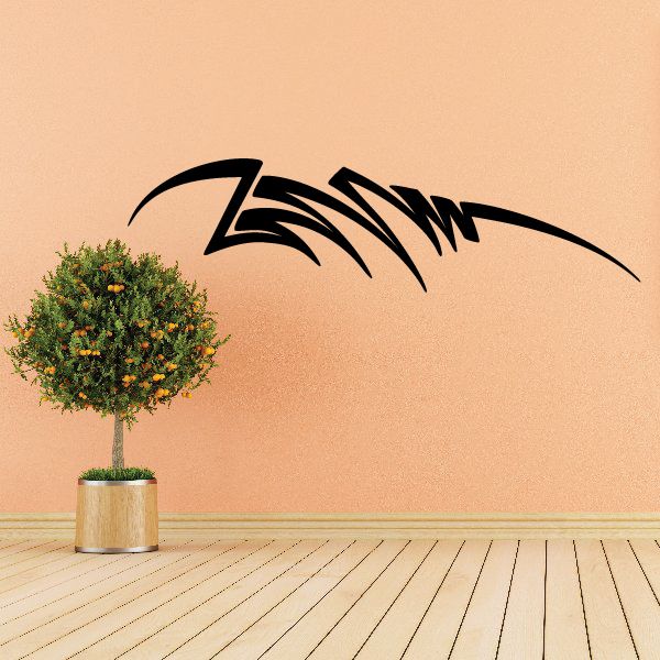 Tribal pinstripe wall decal with black curved swoosh and spiked lines