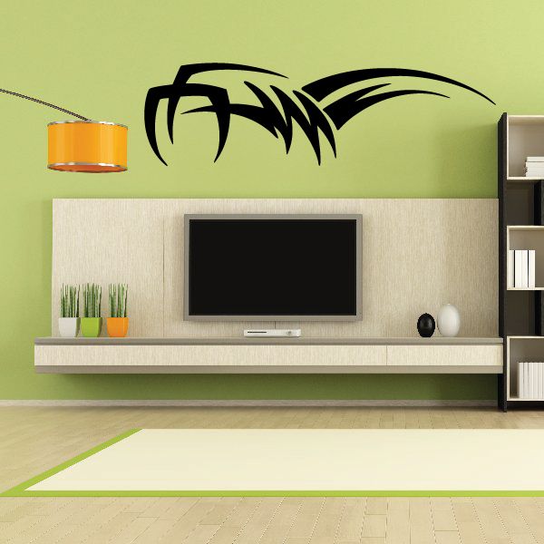 Black tribal vehicle pinstripe wall decal with sweeping, curved graphic lines