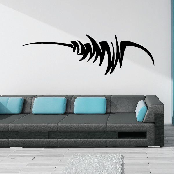 Tribal vehicle pinstripe wall decal, black curved graphic on white wall