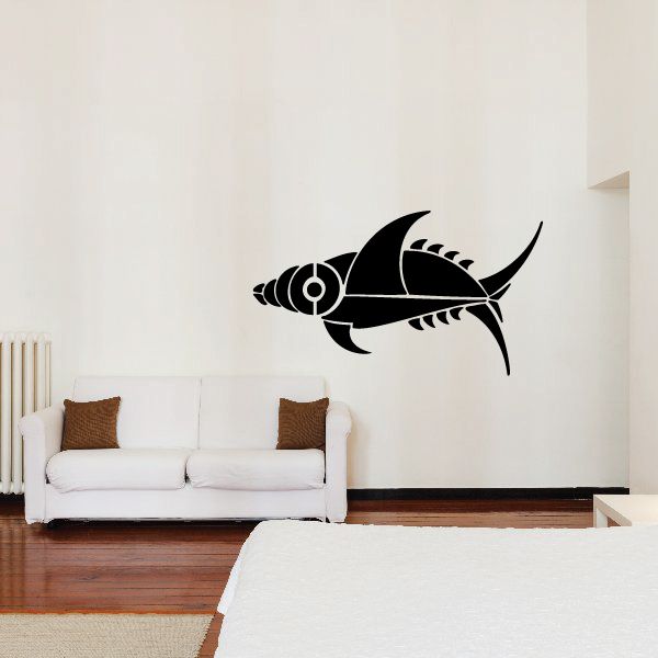 Black tribal pinstripe wall decal featuring a stylized fish silhouette