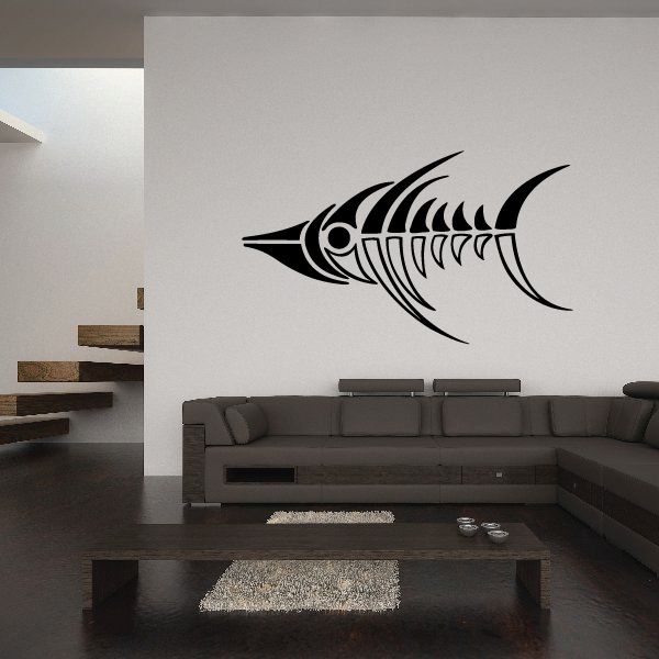 Black tribal pinstripe wall decal with winged fish design