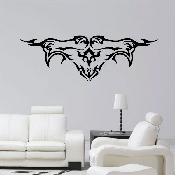 Tribal wall decal with black dragon head and ornate tribal horns centerpiece