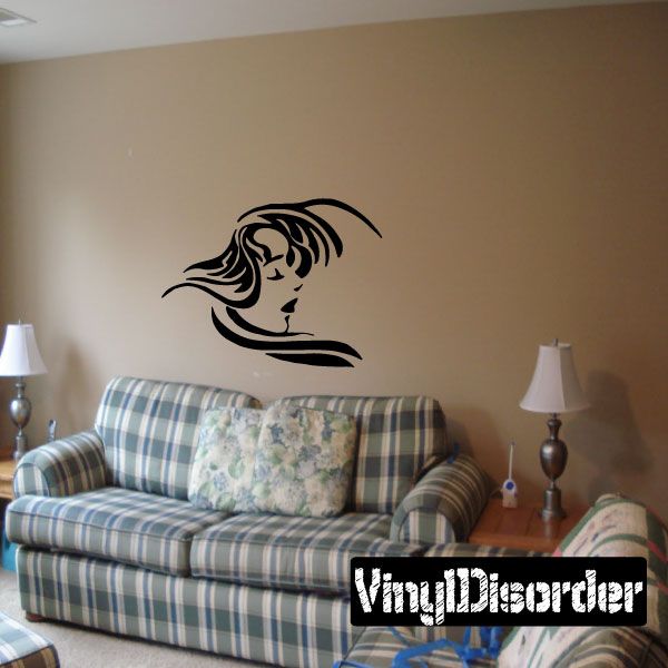 Black tribal wind goddess wall decal with profile and flowing hair design