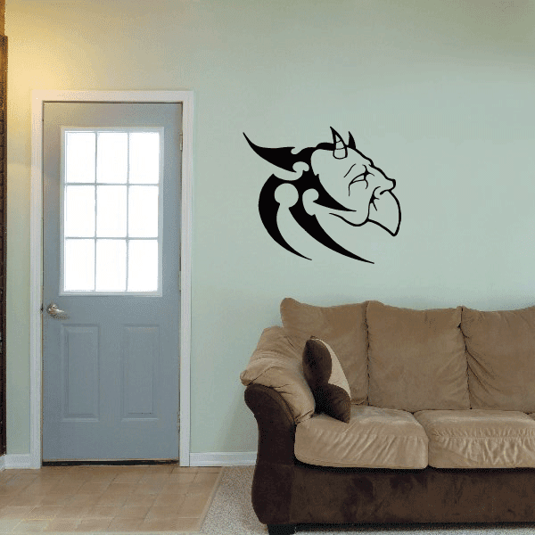 Winged masquerade mask wall decal, black graphic with horned mask and scroll wings.