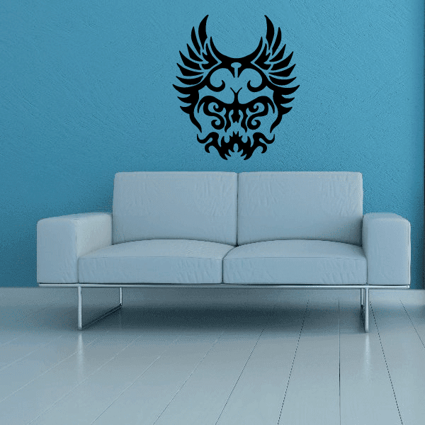 Tribal winged skull wall decal with black skull and wing design