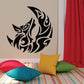 Tribal wolf and crescent moon wall decal, black tribal design