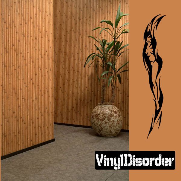 Tribal woman design wall decal, tall black silhouette with ornate swirls