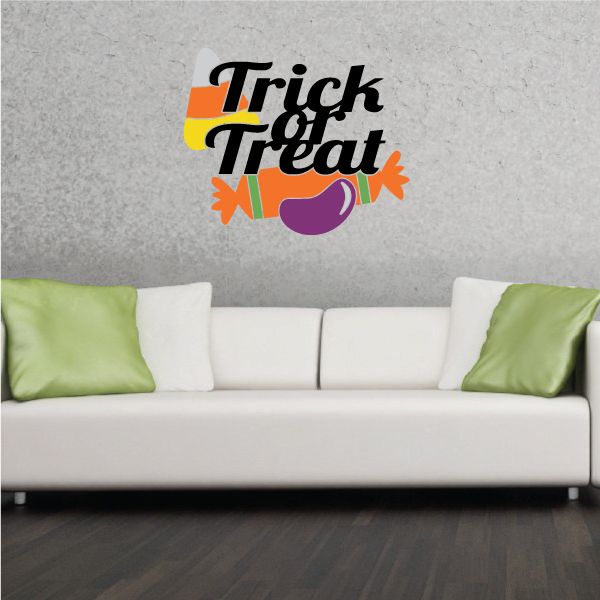Halloween Trick or Treat wall decal, colorful lettering with candy icons