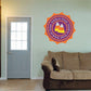 Halloween trick-or-treat seal sticker, orange badge with purple and yellow triangle icon