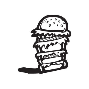 Triple cheeseburger decal with stacked burger and melted cheese illustration, black and white.