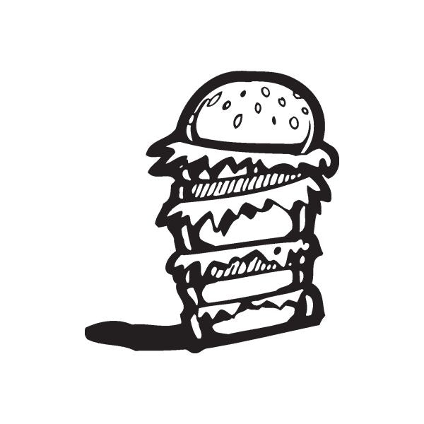 Triple cheeseburger decal with stacked burger and melted cheese illustration, black and white.
