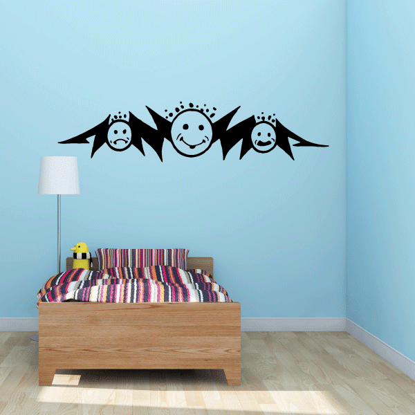 Triple moon decal sticker with three smiling moon faces, black outline, spiky rays