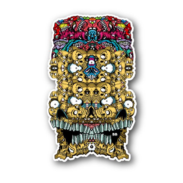 Colorful skull face vinyl sticker with wide eyes and teeth, layered cartoon design