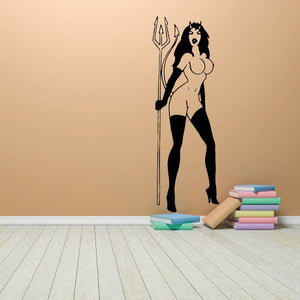 Devil girl wall decal, black silhouette holding a trident spear