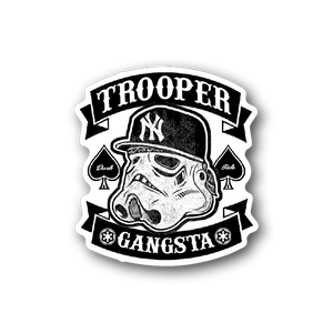 Black and white trooper gangsta vinyl sticker with helmeted character and banner text
