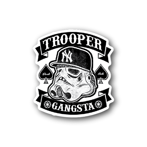 Black and white trooper gangsta vinyl sticker with helmeted character and banner text