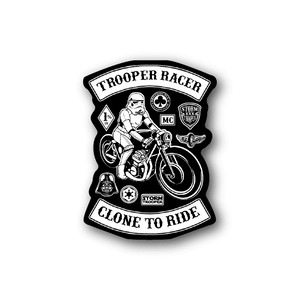 Motorcycle vinyl sticker with Trooper Racer “Clone to Ride” logo and rider on bike