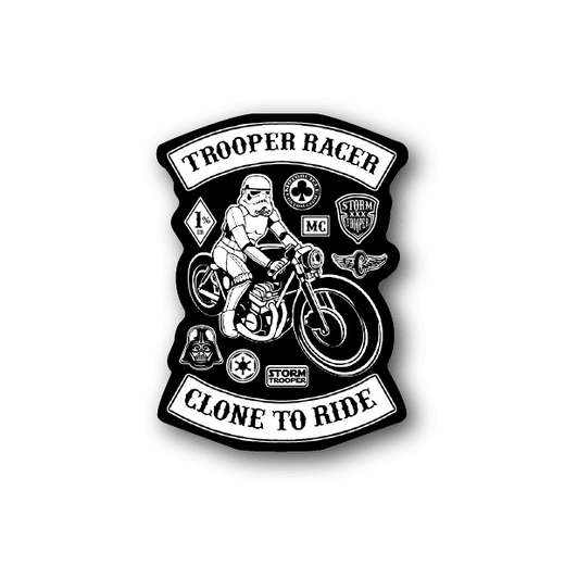 Motorcycle vinyl sticker with Trooper Racer “Clone to Ride” logo and rider on bike