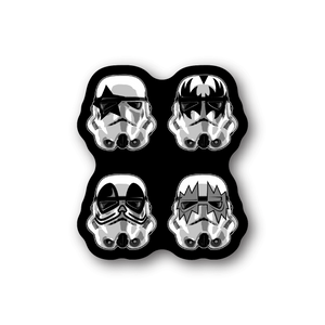 Vinyl sticker: four rockstar trooper helmet faces, monochrome