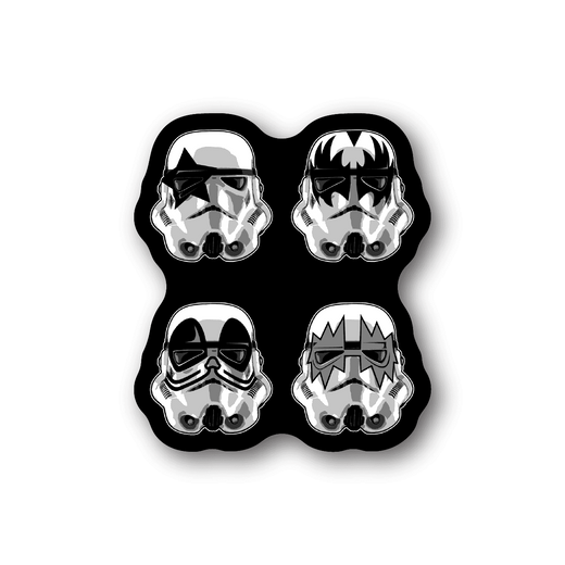 Vinyl sticker: four rockstar trooper helmet faces, monochrome