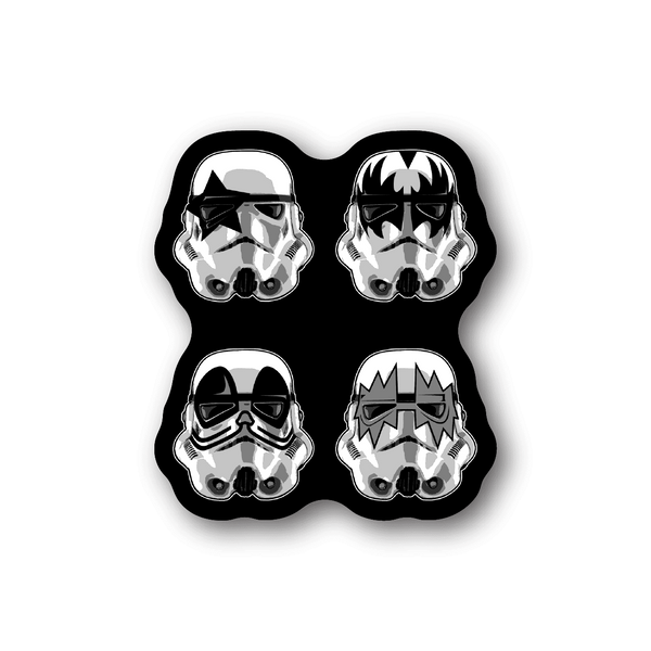 Vinyl sticker: four rockstar trooper helmet faces, monochrome