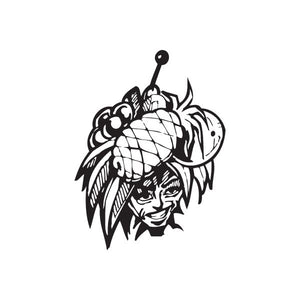 Tropical fruit hat decal, black-and-white line art of a face with tropical fruit and hat